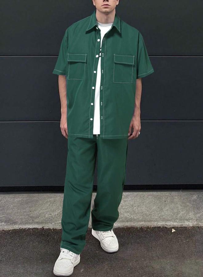 Take Two Men Dark Green Short Sleeve Shirt and Trousers Co-Ords - Image 1